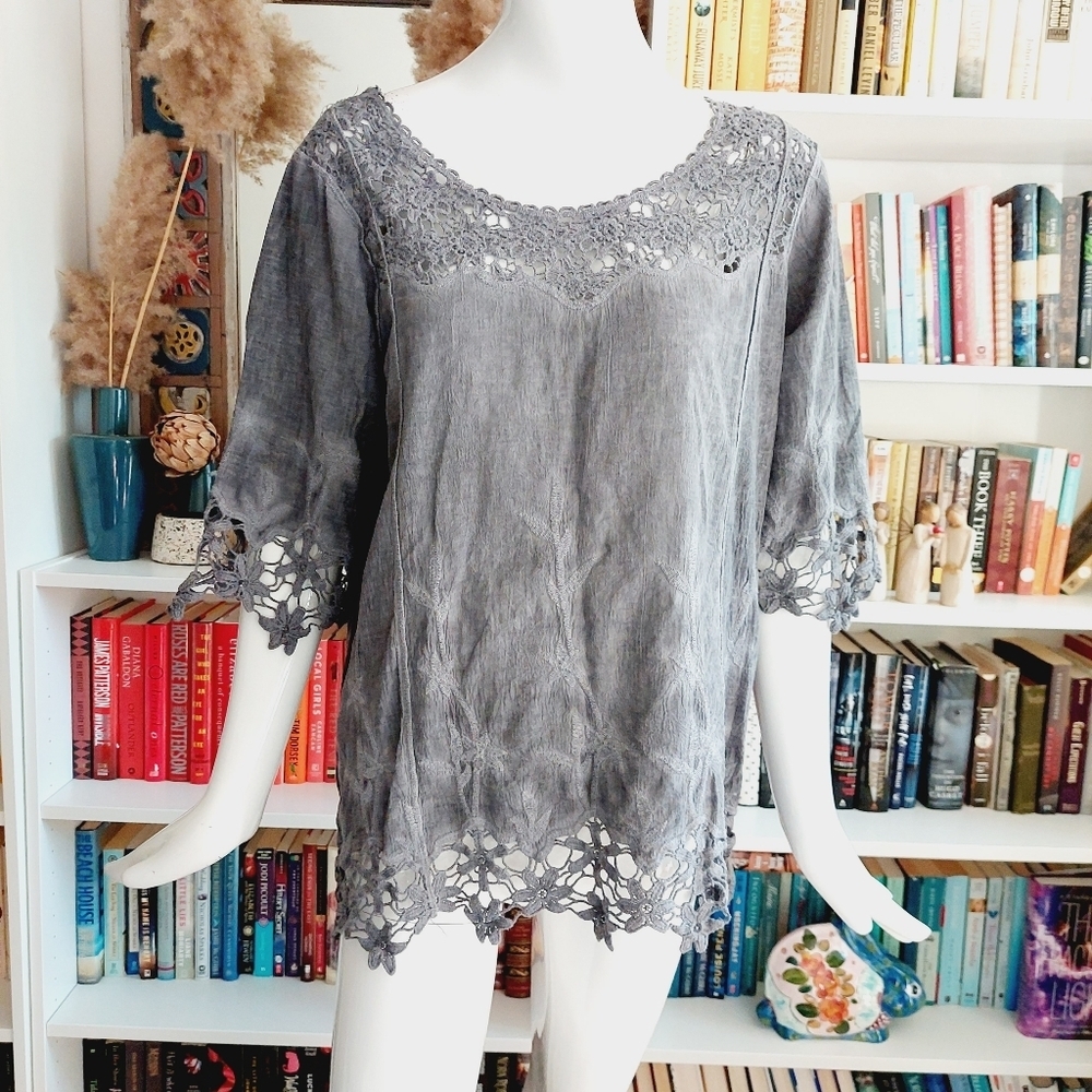 Forgotten Grace Plus Crochet and Lace Embroidered Bell Sleeve Boho Top P99
